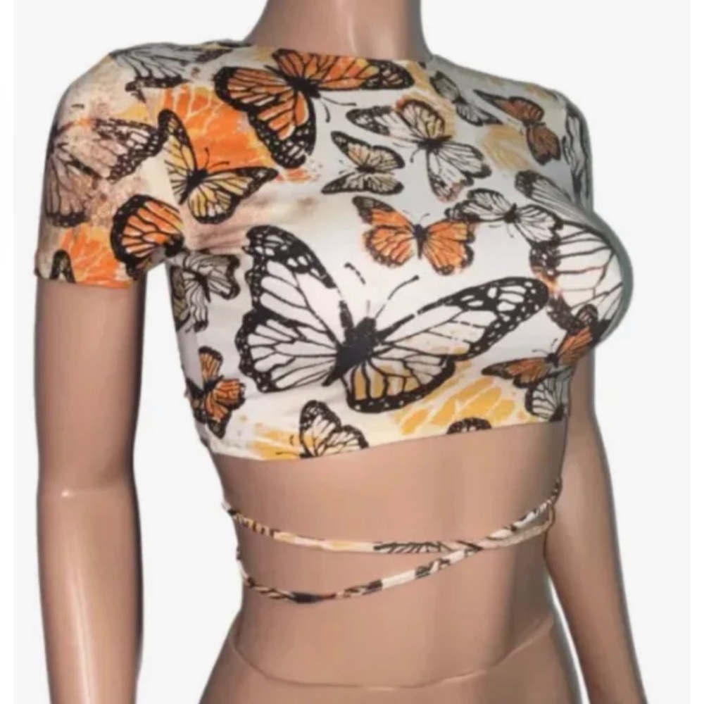 Y2K Beigie Butterfly Lace up back Soft Cami T-shirt crop top Fairycore Prairie